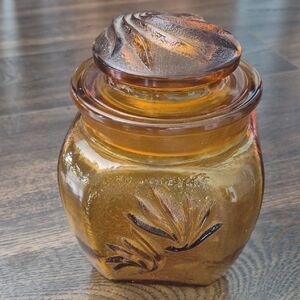 LE Smith Sand Scroll Amber Glass Decorative Jar, nice condition